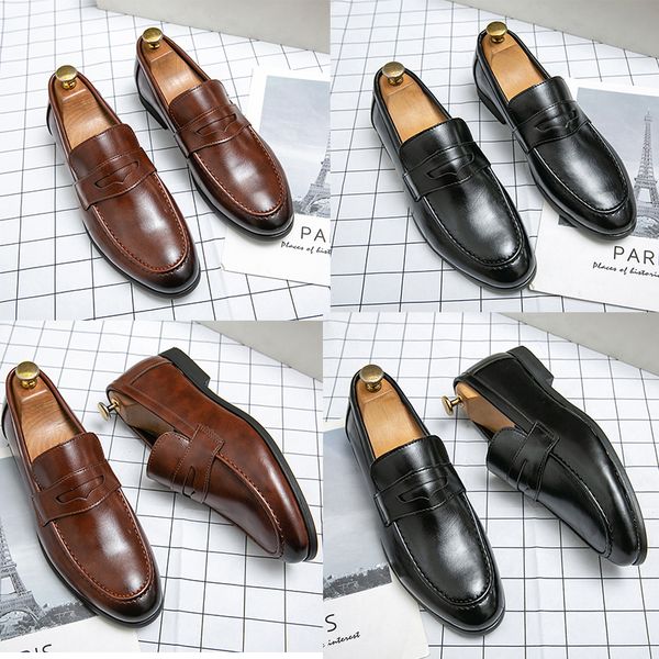 

luxury brand loafers men solid color leather shoes round toe flat heels fashion classic office professional comfortable anti-slip casual sho, Black
