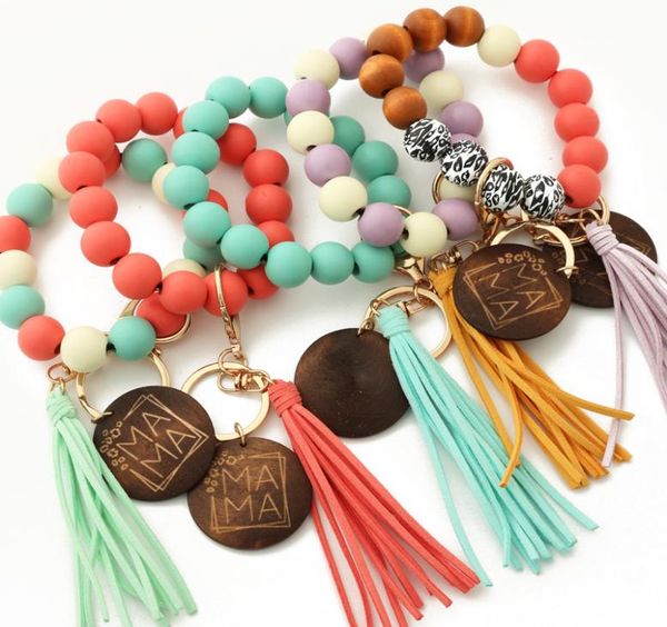 

leopard wood beads bracelet keychain women leather tassel wristlet key chain for gift mama letters wll17385837336, Silver