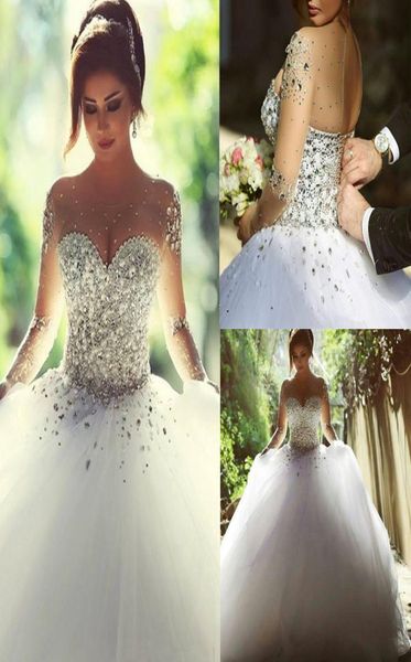 

2019 vintage long sleeves wedding dresses with rhinestones crystals beaded lace up back ball gown plus size dress arabic bridal go6885900, White