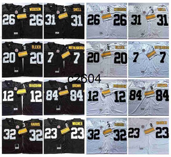 

c2604 vintage mens 12 terry bradshaw football jerseys 20 rocky bleier 23 mike wagner 7 ben roethlisberger 84 antonio brown 26 rod woodson 32, Black