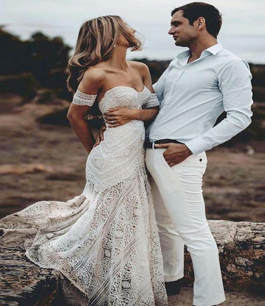 

2019 boho summer off shoulder bohemian new beach backless wedding dress lace transparent modern long bridal gown custom made casua7526698, White