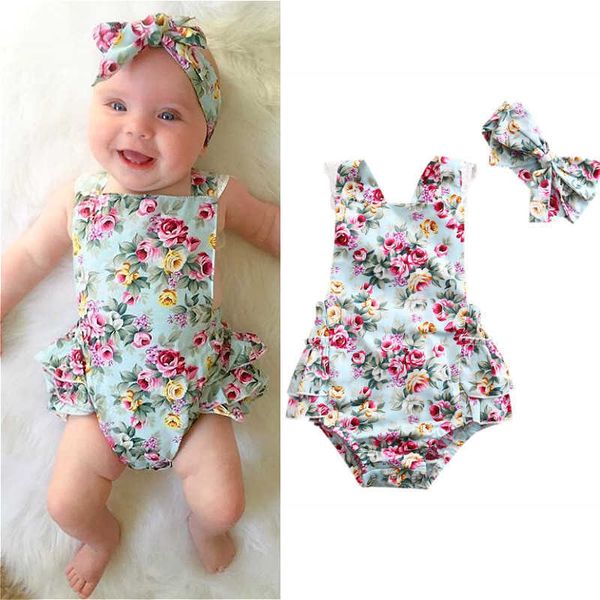 

jumpsuits 2 baby girls summer cute flower sleeveless triangle jumpsuit casual newborn clothing g220606, Blue