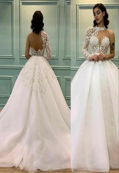 

2021 modern gown a line wedding dresses bohemia long sleeve one shoulder beach bridal boho chic halter custom made appliqued lace 5321236, White