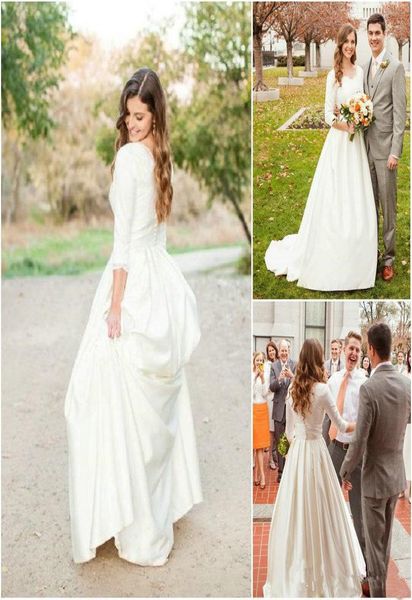 

modest design wedding dress three quarter sleeve satin long a line 2020 spring simple style bridal gowns custom made9954481, White