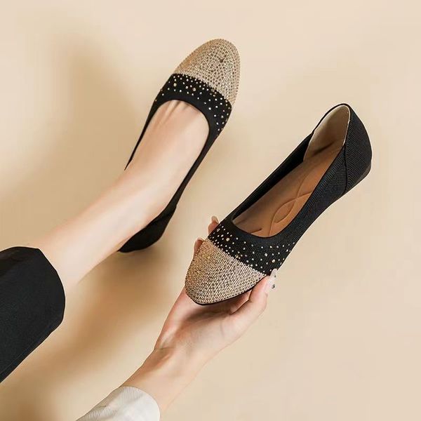 

women flat shoes with diamond round head fashionable soft anti-slip breathable knitted casual shoes spring autumn and summer2023, Black