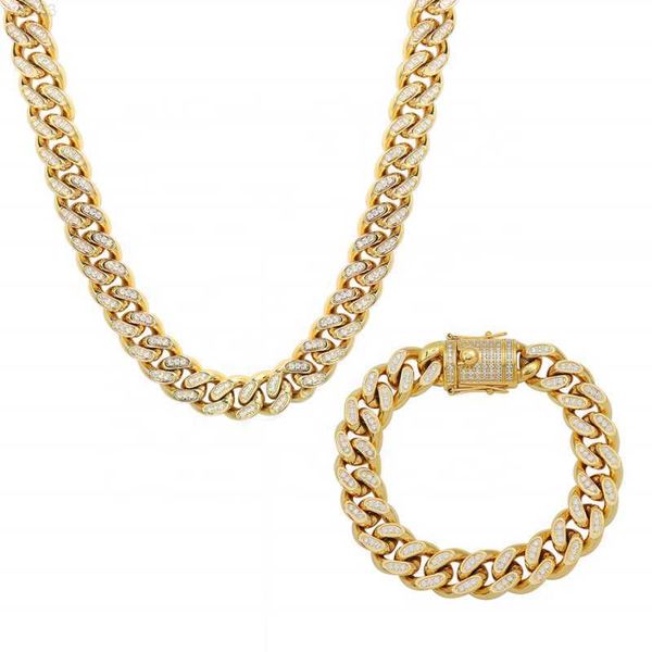 

hip hop stainless steel cuban chain necklace bracelet iced out diamond zicon gold cuban link chain necklace set for woman man, Silver