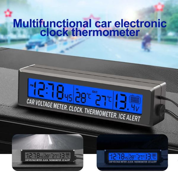 

new mini electronic car 3 in 1 clock thermometer voltage meter display inside outside temperature voltage time with cigarette socket wholesa