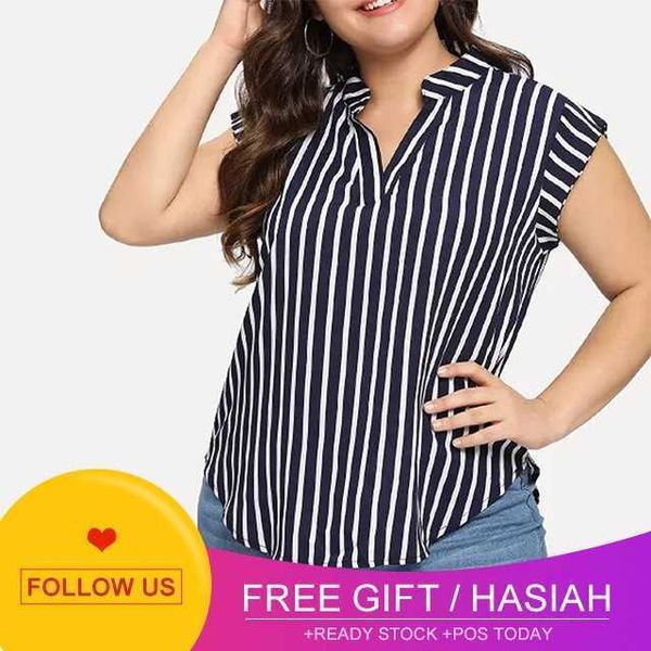 

size women's casual v-neck stripe print sleeveless t shirt tee blouse, White
