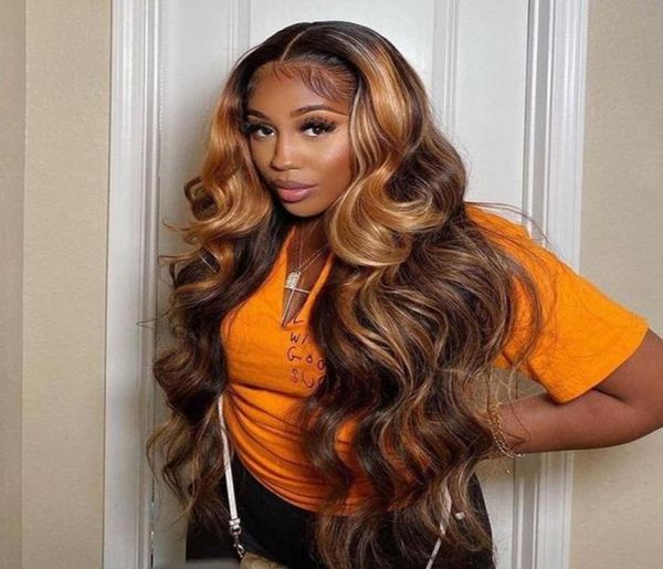 

lace wigs 30 inch body wave wig highlight human hair 180 250 density hd transparent frontal t part front7979470, Black;brown