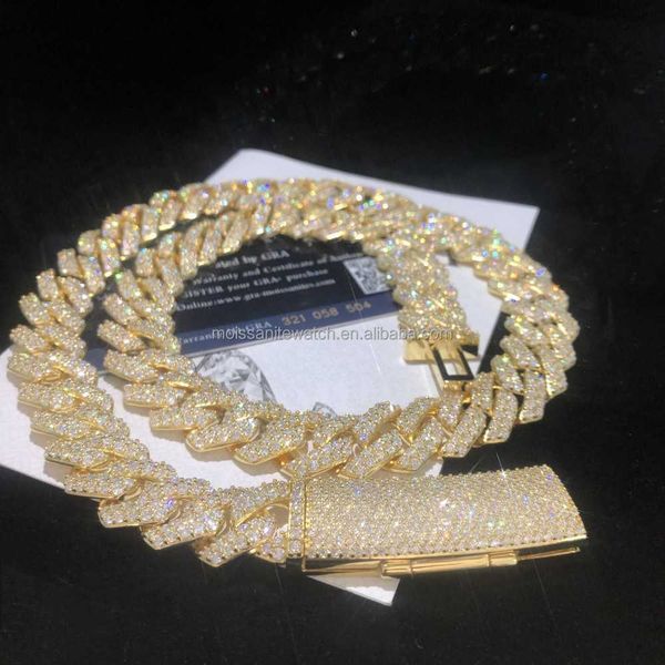 

18k gold plated custom moissanite jewelry 15mm cuban link chain classic style 925 solid silver iced out hip hop necklace