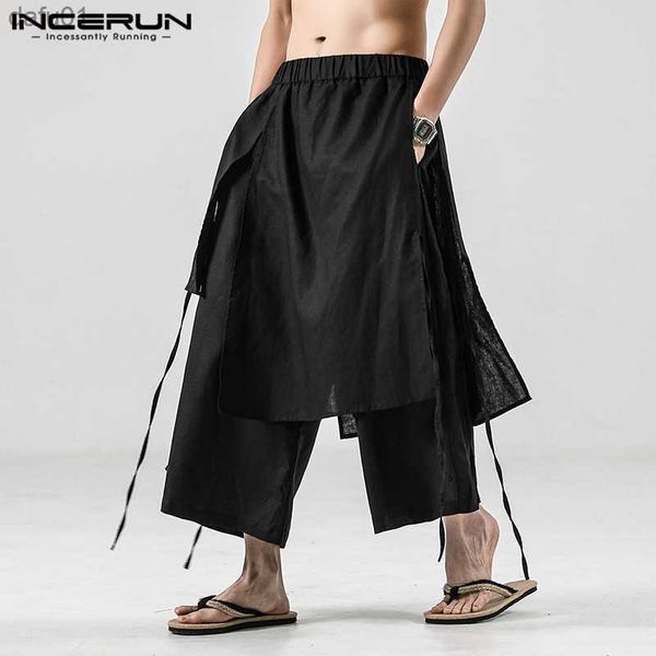 

incerun solid color men casual pants joggers elastic waist loose irregular skirt trousers men streetwear harajuku wide leg pants l230520, Black