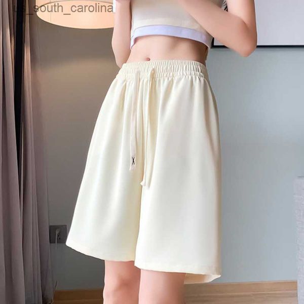 

simple casual high waist shorts for women black lace up elastic waist womens shorts korean fashion solid wide leg baggy shorts l230522, White;black