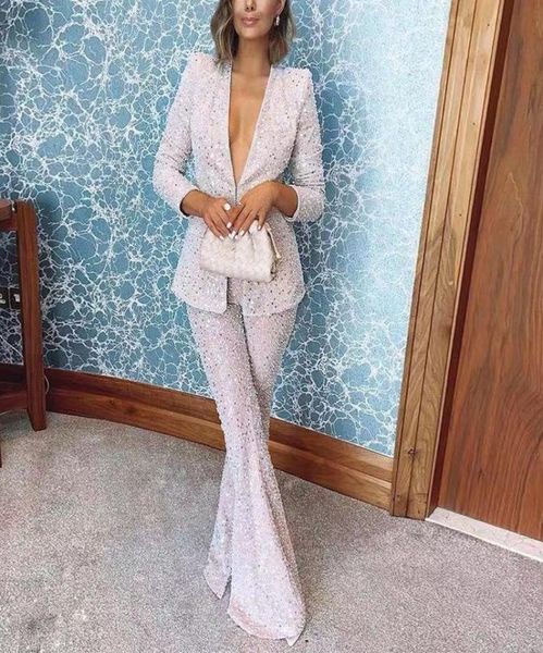 

two pieces outfit prom dresses deep v neck long sleeve blazer sequin pants womens special occasion wears9385169, Black;pink