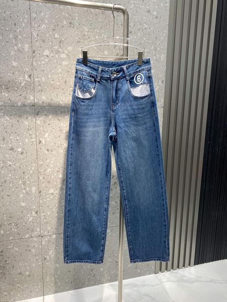 

designer jeans womens long pants high grade trousers pocket embroidery letter high waist slim straight jean for women c7, Blue