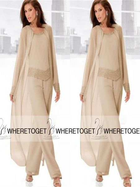 

2019 champagne three pieces mother of the bride pant suits with long jackets long sleeve beaded chiffon mother plus size wedding g9160137, Black;red