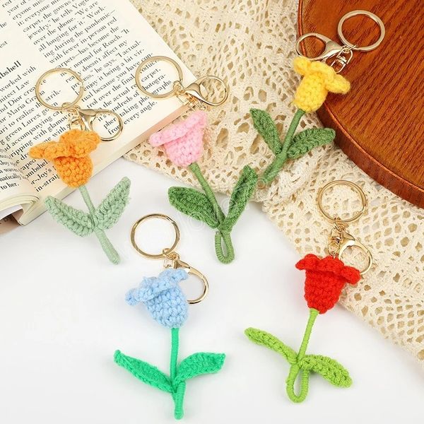 

handmade knitted keychain keyring for women fashion crocheted sweet flower bag pendants car key ring charms gift, Slivery;golden