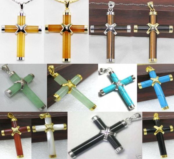 

whole 10 colorsgreenyellowred jadeagateturquoisetiger eyeshell cross pendant7485323, Silver