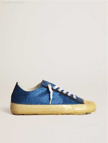 

shoe sole dirty designer luxurious italian vintage handmade v-star sneakers in electric blue micro glitter with white patent leather xx and, Black