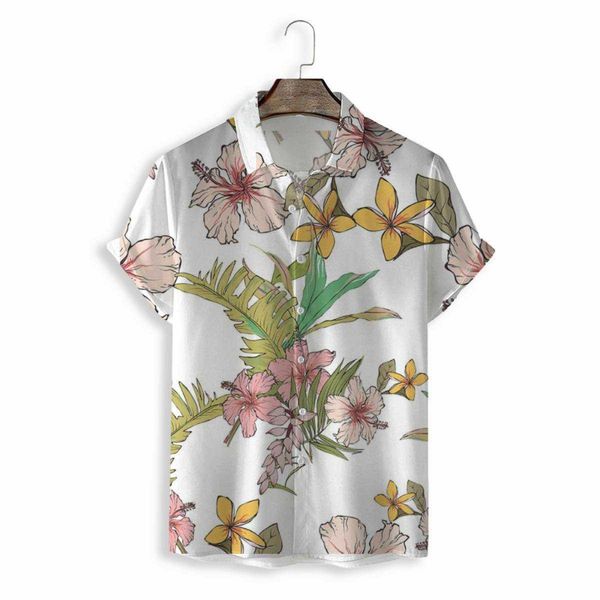 

new summer print men's casual loose shirt tropical flower, White