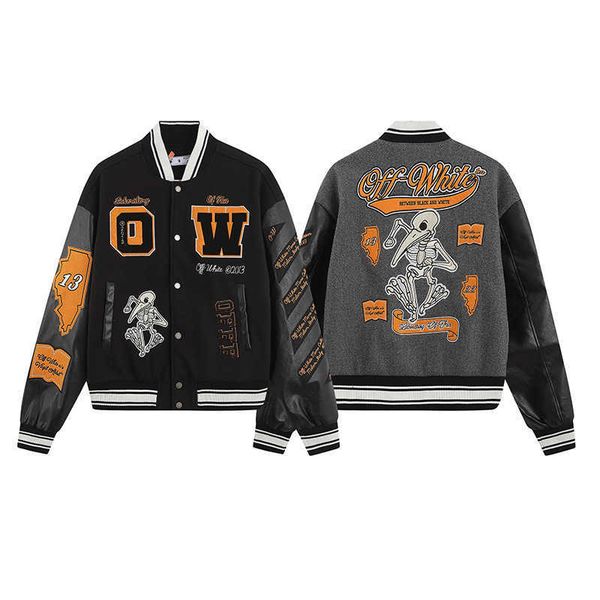 

ow trendy brand spring and autumn youth street skull decal woolen fabric splice leather sleeve heavy industry embroidery jacket coat rozi, White;black
