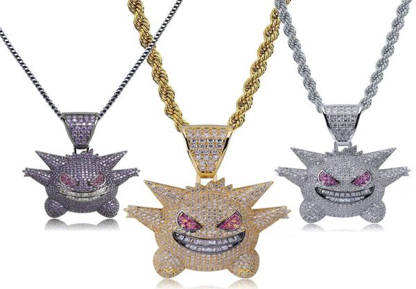 

hip hop bling bling iced out necklace gengar full 3a cubic zircon copper pendant necklace creative design jewelry for men gift2198113, Silver