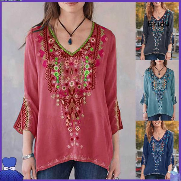 

ez_women boho casual v neck long sleeve floral embroidery blouse loose shirt, White