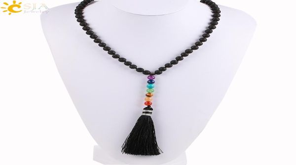 

csja natural black lava rock volcanic stone beads long necklace 7 chakra tassel pendants mala prayer women men diy meditation jewe5747047, Silver