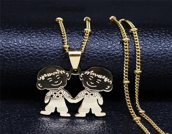 

pendant necklaces 2021 fashion stainless steel two boys family necklace for women gold color chain jewelry acero inoxidable joyeri3264993, Silver
