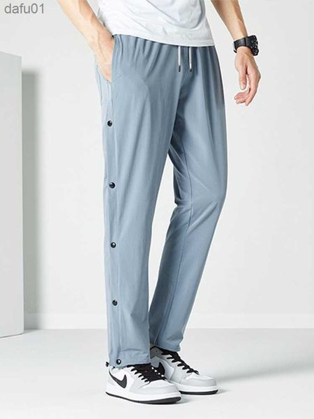 

summer quick dry sweatpants men sportswear side button breathable mesh loose casual track pants straight jogger trousers l230520, Black