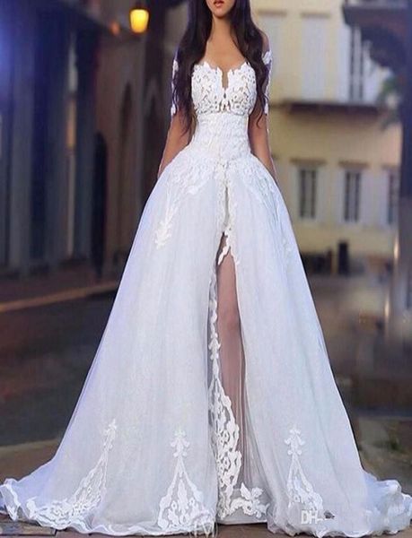 

elegant off the shoulder wedding dresses for arabic women with overskirt long sleeve lace bridal wedding ball gowns with detachabl9736902, White