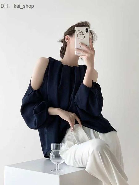 

navy shoulder shirt for summer high end small design sense french temperament chiffon, White