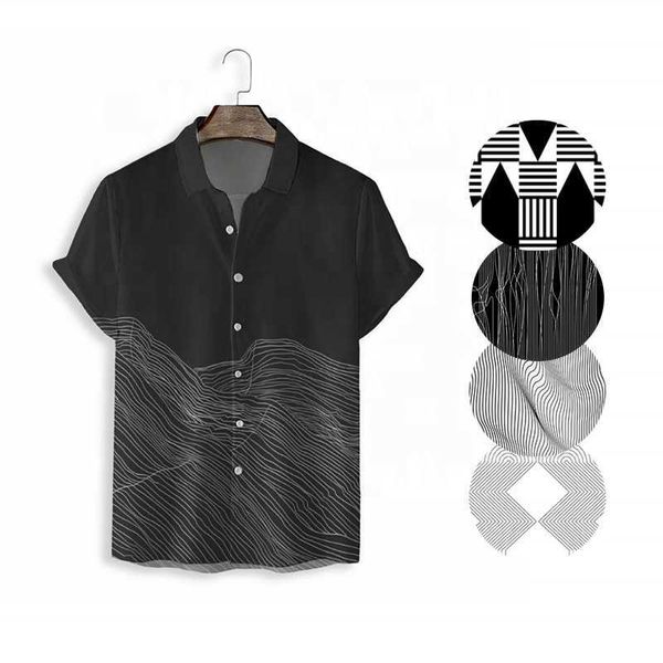 

casual irregular summer line beach shirts men's shorts sleeve hawaiian breathable fashion print tee for men pr, White;black