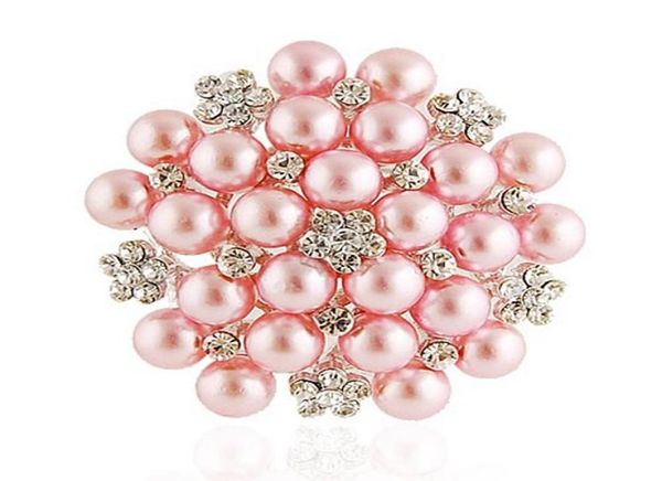 

2 inch silver tone pink pearl and rhinestone crystal brooch05269899, Gray