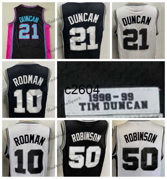 

c2604 mens vintage 1998-1999 tim 21 duncans basketball jerseys david 50 robinson dennis 10 rodman black stitched shirts s