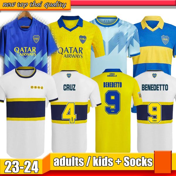 

vazquez 2023 2024 boca juniors soccer jerseys fans player benedetto villa salvio men kids maillots de football 23 24 home football shirt tev, Black;yellow