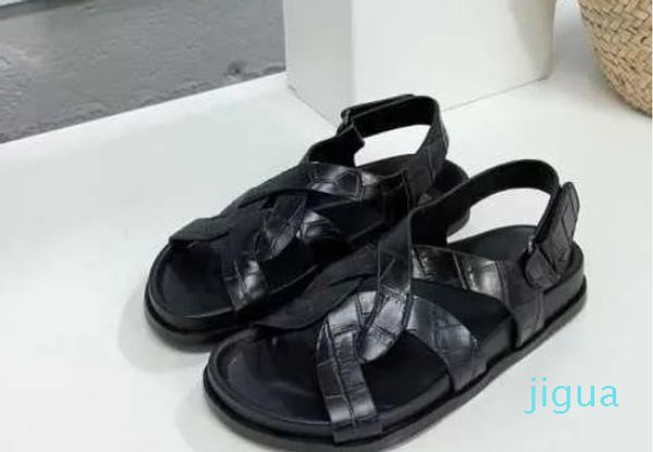 

thick designer soled roman shoes leather cross open toe sandals women's toteme woven linen patchwork beach sandals magic, Black