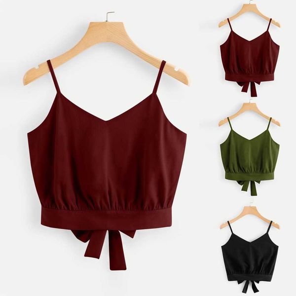 

casual summer bow tie back v neck soild crop cami camisole blouse, White