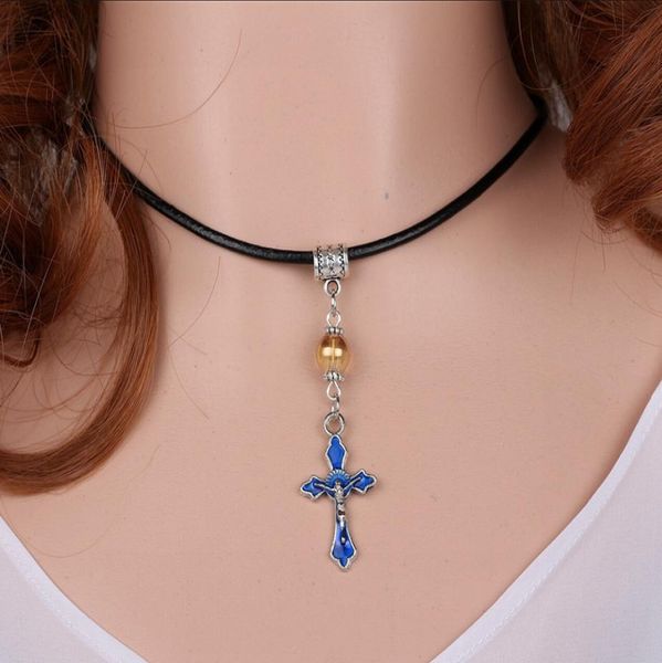

enamel catholic jesus cross pendant necklaces mixed color charm vintage silver choker leather collar necklacespendants for women 3382519