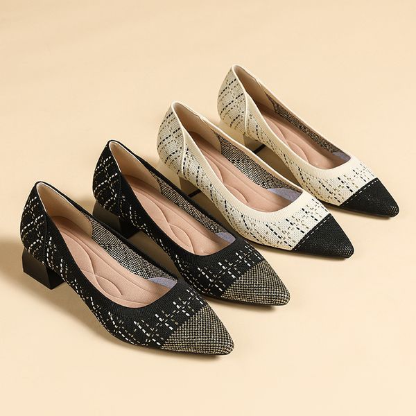 

womens shoes large high heels 2023 new spring and autumn pointy square heels knitted fashion breathable anti-skid beautiful col, Black