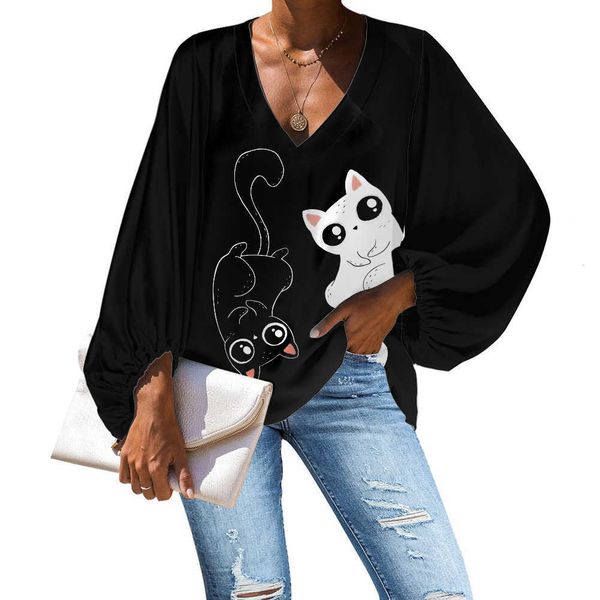 

plus size loose blouse women casual long sleeve v-neck print clothes top, White