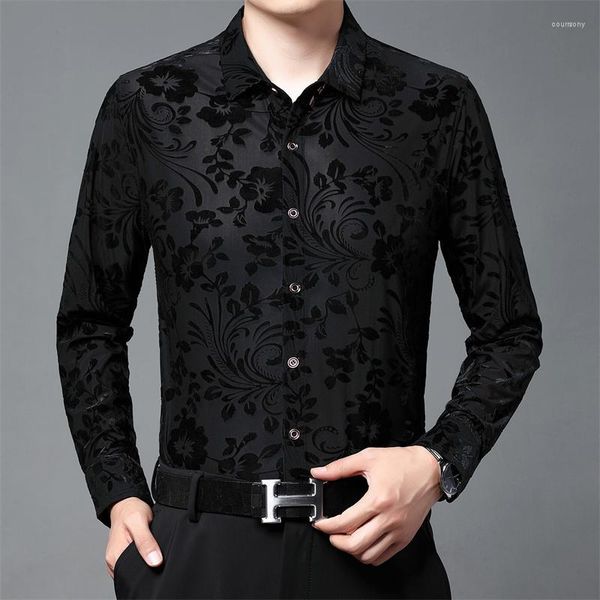 

men's casual shirts 2023 floral print shirt men transparent see through lace for male club party prom chemise homme, White;black