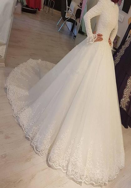 

2022 modest arabic muslim ivory wedding dress princess high neck long sleeve lace appliques islamic bridal dresses robe de mariage5356473, White