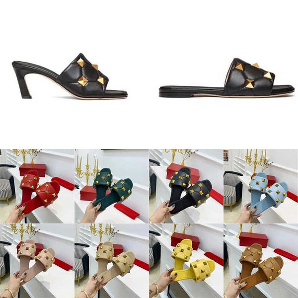 

roman stud slide women sandal high heel quilted rivet slides 65mm flat slippers ladies sheepskin, Black