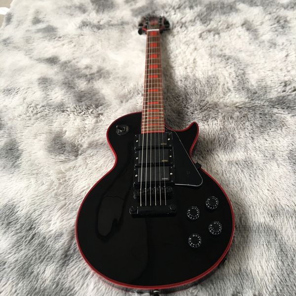 

black color electric guitar red binding three pickups rose wood fingerboard