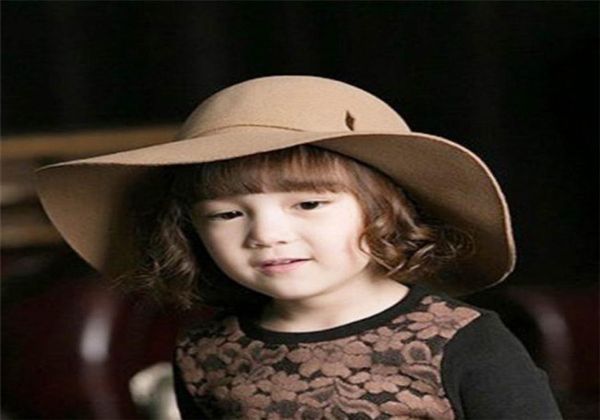 

2017 new style soft child sun hat vintage wide brim wool felt bowler fedora hat floppy cloche girl kids large hat6362585, Blue;gray
