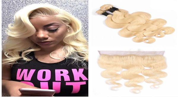 

613 blonde human hair bundles 3pcs with 1pc lace frontal soft and smooth hair blonde brazilian virgin hair bundles with frontal c8488800, Black;brown