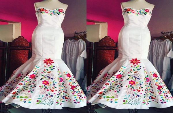 

2022 vintage mexican embroidered wedding dress chic white satin sweetheart corset back formal dresses for bride2984371