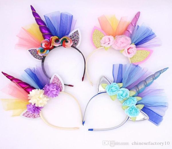 

baby unicorn headband lace headdress tiaras for party halloween lovely cat ears girls flower hair sticks girls hair bow2206953, Slivery;white