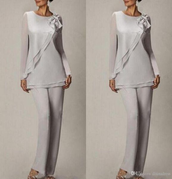 

silver chiffon summer mother of the bride pant suits two pieces long sleeves plus size wedding mothers guest dress custom made7463386, Black;red