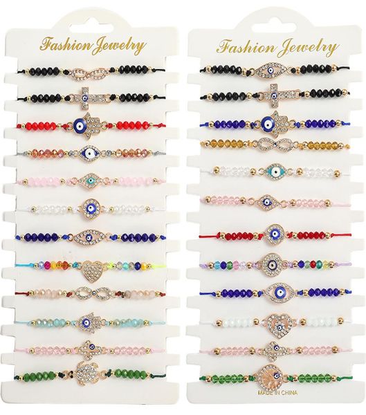 

12pcsset new blue evil eye bracelets for women crystal tree hand cross heart turtle charm beads rope string chain adjustable bang1838499, Golden;silver